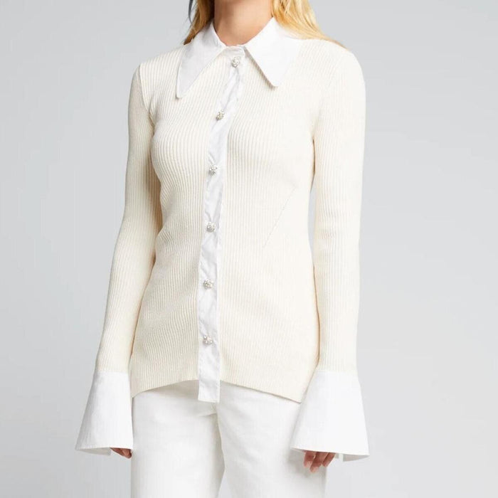 GANNI $445 Knit button Shirt Crystal embellished in Vanilla Ice size L