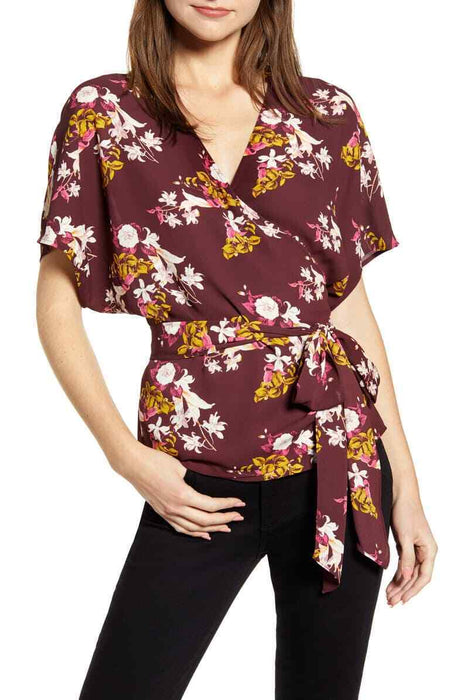 CHELSEA28 Wrap Style Belted floral blouse  in Red size small in burgundy $69