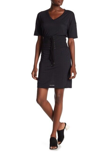 David Lerner V-Neck Corset Belted T-Shirt Dress In Black Size S