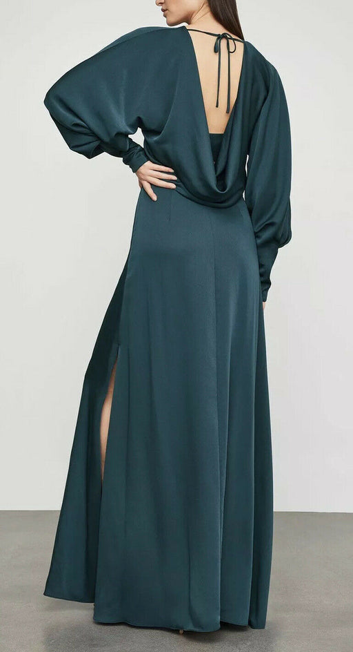 BCBGMAXAZRIA Satin Draped Back Maxi Dress In Light Carbon Blue Size 6 $428 NWT