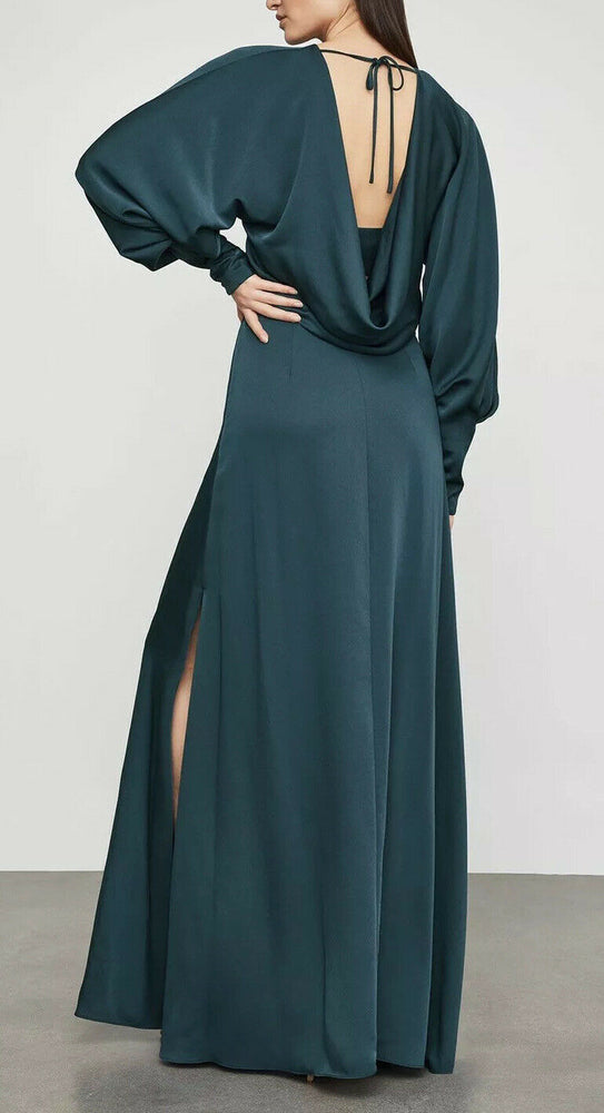 BCBGMAXAZRIA Satin Draped Back Maxi Dress In Light Carbon Blue Size 6 $428 NWT