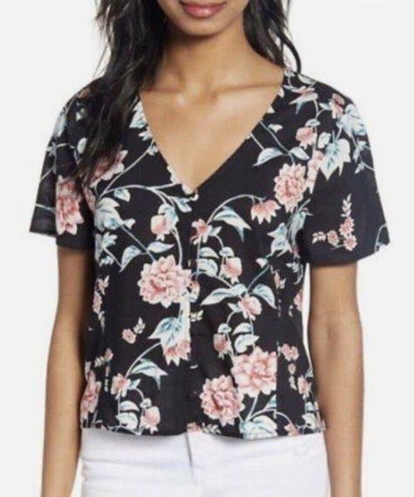 BP Floral Print V Neck Button Front Short Sleeve Top Size XS