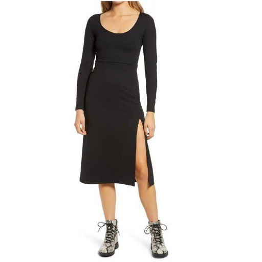 Leith Women's Long Sleeve Side Slit Midi Dress Scoop Neck A-Line Black Size M