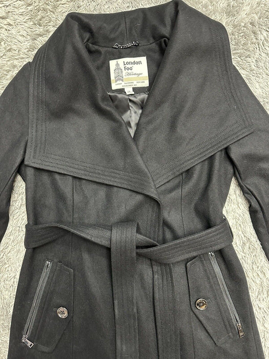 London Fog  Wool-Blend Envelope Collar Belted Coat size S in black