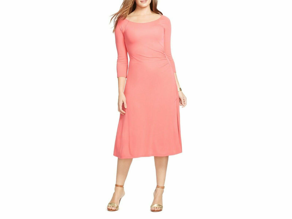 Lauren Ralph Lauren Ruched Stretch Jersey Fit & Flare Dress In Pink Size L $180