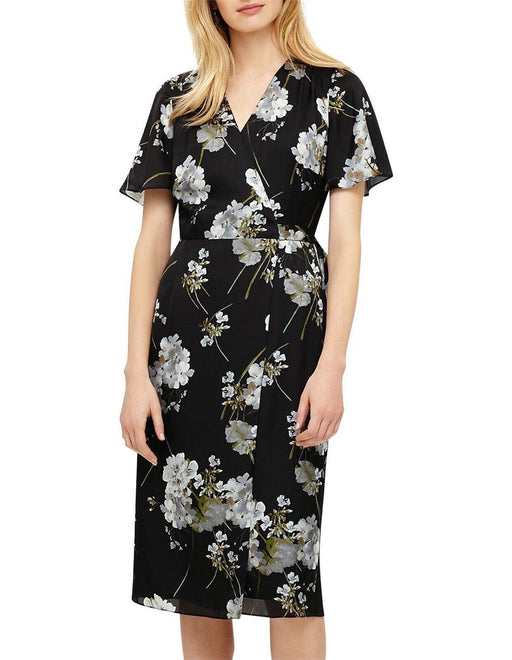 Phase Eight Tasha Wrap Satin Belted Dress In Black Floral US 12 / UK 16 $240
