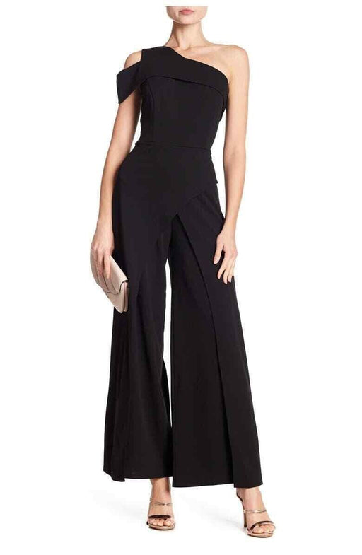 Marina Cut-Out One Shoulder Overlay Pant Stretch Chic Jumpsuit Black 4 US S