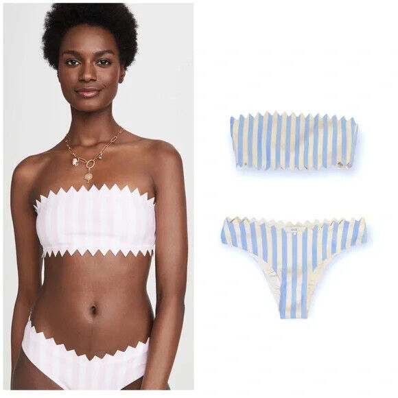 Onia Wilma Bandeau Bikini Top And Bottoms Stripe Blue Bell Size Small