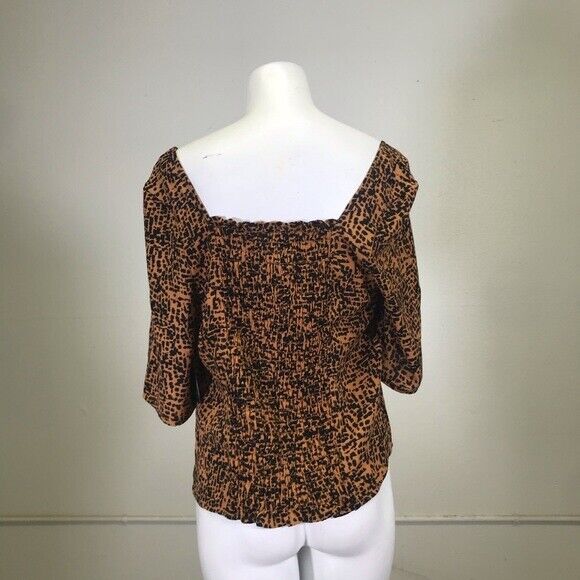 Free Press Square Neck Half Sleeve Blouse In Tan Cashew Texture Strokes Size L