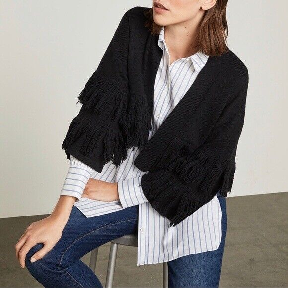 BCBGMAXAZRIA Women's Fringe Trimmed Cropped Cardigan In Camel Brown Size M $260