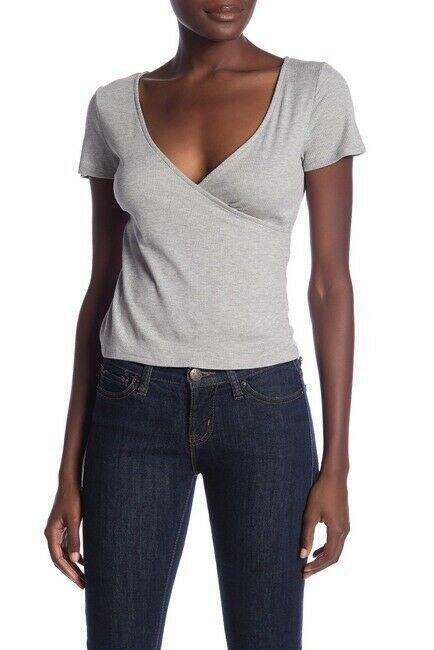 PST By Project Social T Women's Short Sleeve Surplice Top In Grey Size L
