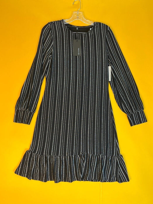19 Cooper Long Sleeve Dress Ruffle Hem Women's  M Black Silver Striped Mini