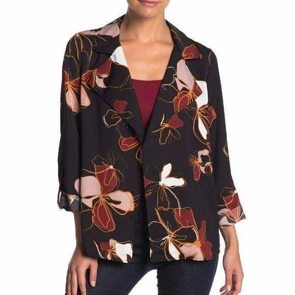 14th & Union Womens Notch Lapel Trapeze Jacket Black Floral 3/4 Sleeve Draped XS