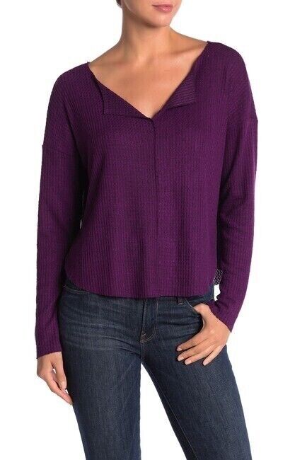 Abound Long Sleeve Waffle Knit Notch V-Neck T-Shirt In Purple Size XS