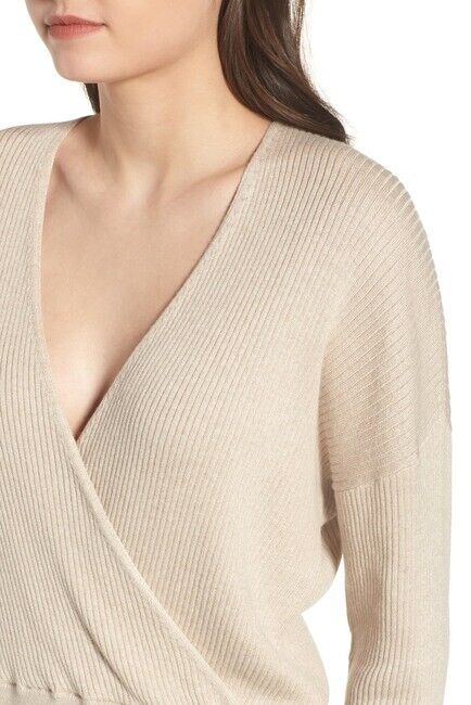 Leith Long Sleeve Rib Wrap V Neck Sweater In Tan Heather Size S