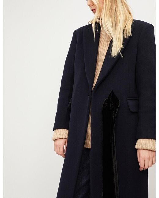 Sandro Women's Wool Blend Peak Lapel Velvet Tie Coat Navy Size 4 US / 36 FR $910