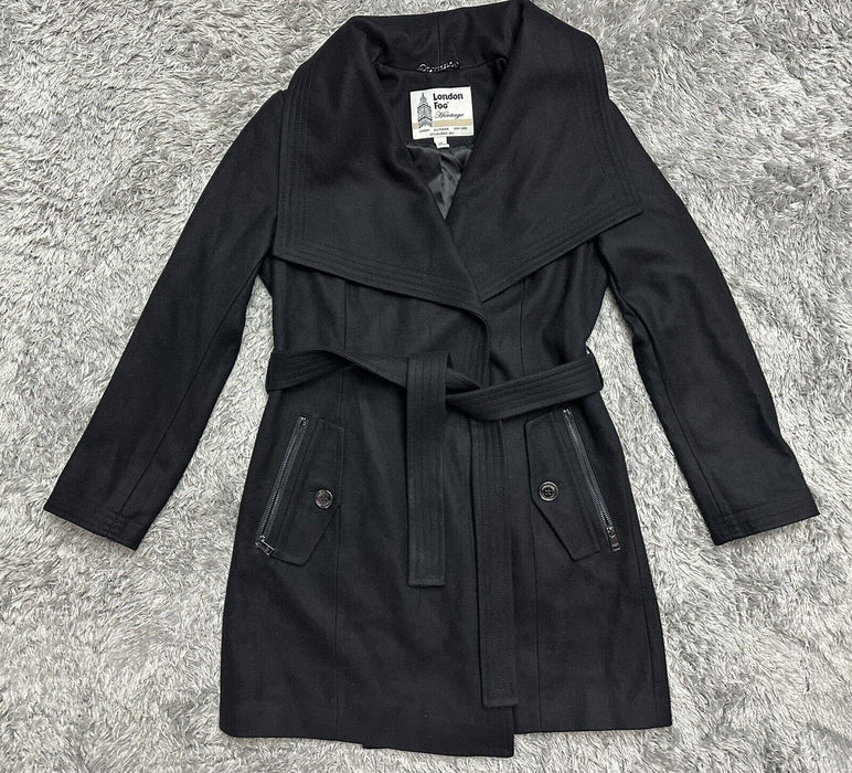 London Fog  Wool-Blend Envelope Collar Belted Coat size S in black