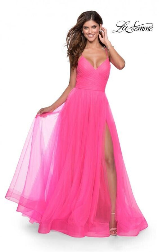 La Femme 28561 Neon Light Tulle women's Gown Dress SZ 8 NeonPink