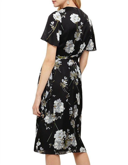 Phase Eight Tasha Wrap Satin Belted Dress In Black Floral US 12 / UK 16 $240