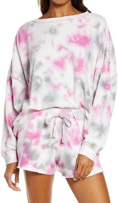 Free People Kelly Washed Sweatshirt And Shorts Set In Tie Dye Pink Size L