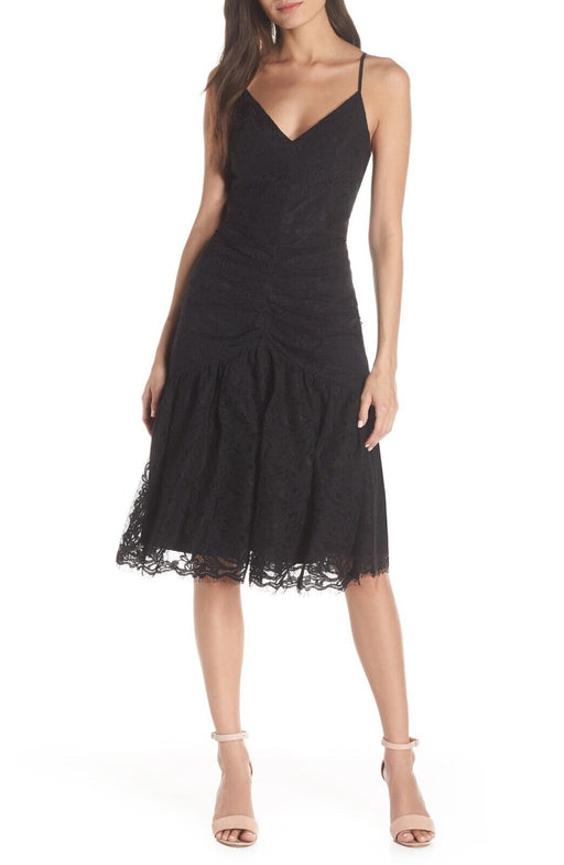 Harlyn Ruched Lace Dress Black Size M $249