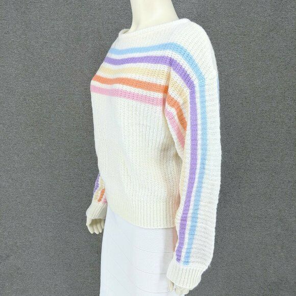 Lush Women's Long Sleeve Knitted Pullover Sweater In Ivory Rainbow Stripe Size M