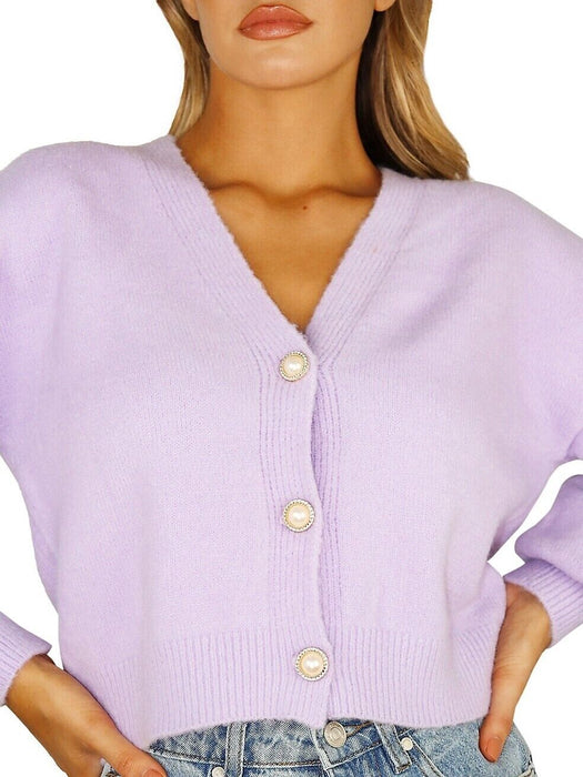 Missguided Long-Sleeve V-Neck Faux Pearl Button Cardigan Lilac Size 2 US NWT