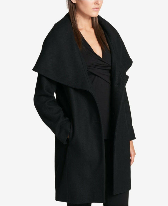 DKNY Women's Brushed Wool Blend Shawl Collar Coat In Black Size XL $395