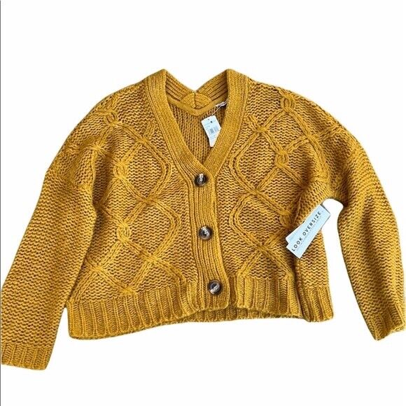 RDI women's Cozy Fisherman Cable Knit Cardigan Button Front Gold Yellow size S