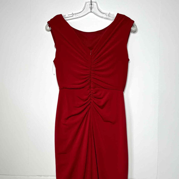 London Times Stretch Shirred Ruched Rhinestone Brooch Dress Cranberry Red Size 2