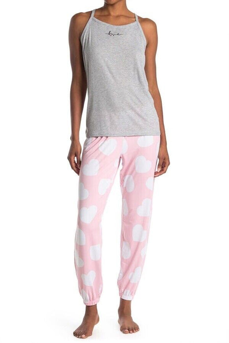 PJ Couture Printed Sleepover 2-Piece Pyjama Set Heart Print In Pink Grey Size M