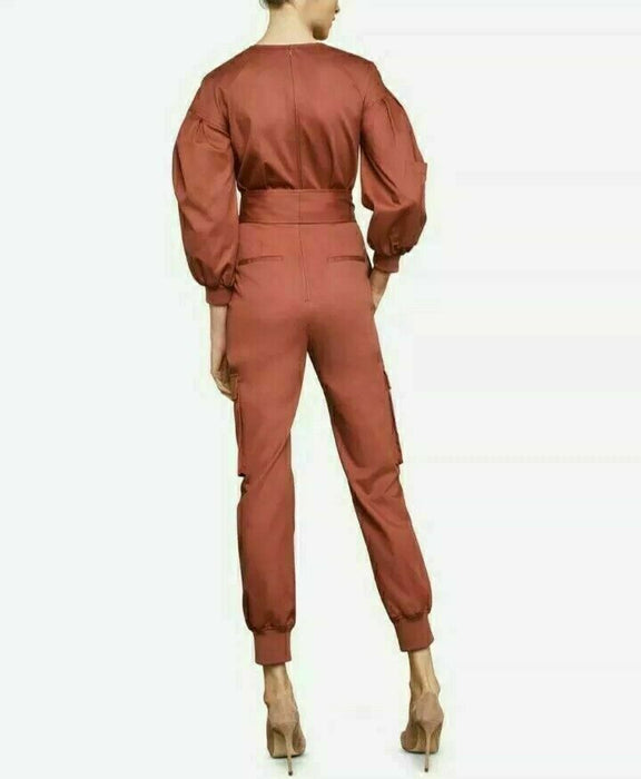 BCBGMAXAZRIA Pleated Cotton Jumpsuit Cargo Pockets Tandoori Spice Size XXS $348