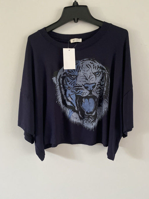Wst Cst Women's Cropped T-Shirt Tiger Graphic Print Navy Blue Size XS