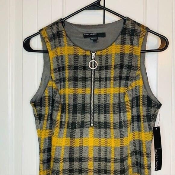 Maggy London Women's Zip Front Plaid Dress In Yellow/Grey/Black Size 8 $178