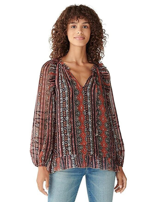 Lucky Brand Long Sleeve Chiffon Peasant Top In Black Multi Size S