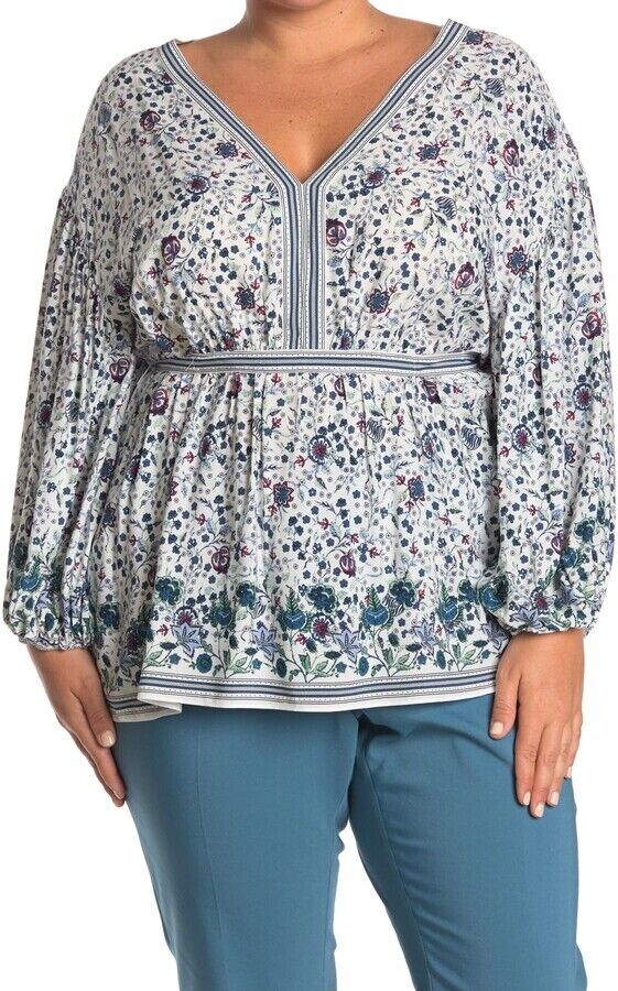 Max Studio Long Sleeve V-Neck Empire Waist Top Blue Plus Size 2X $99