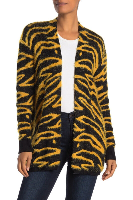Susina Open-Front Long Cardigan Sweater Fuzzy Cozy Soft Tiger Print Size S