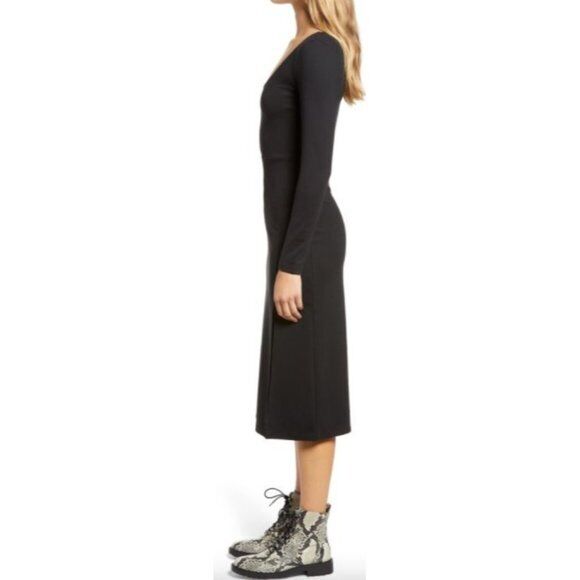 Leith Women's Long Sleeve Side Slit Midi Dress Scoop Neck A-Line Black Size M