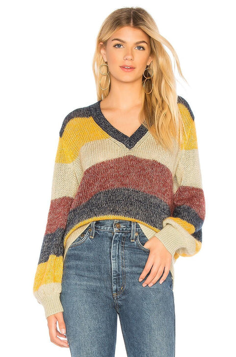 BCBGMAXAZRIA Mohair V-Neck Pullover In Striped Metallic Port Combo Size XXS