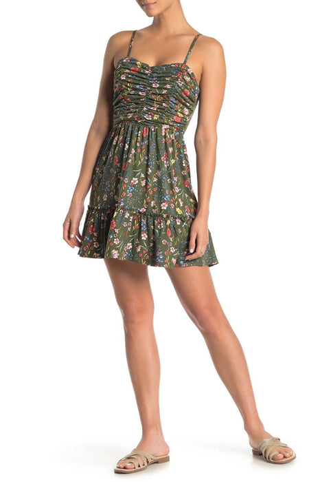 Abound Floral Ruched Fit & Flare Dress size L in green