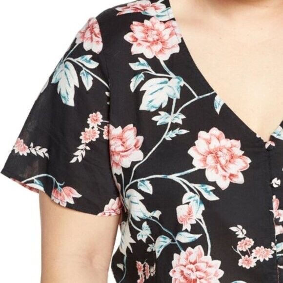 BP Floral Print V Neck Button Front Short Sleeve Top Size XS