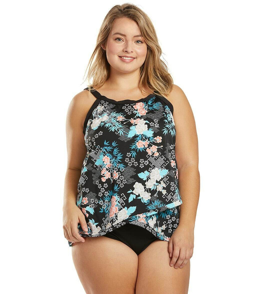 Penbrooke Bloom Town Crossover Hem Tummy Control Tankini One Piece Plus Size 20W