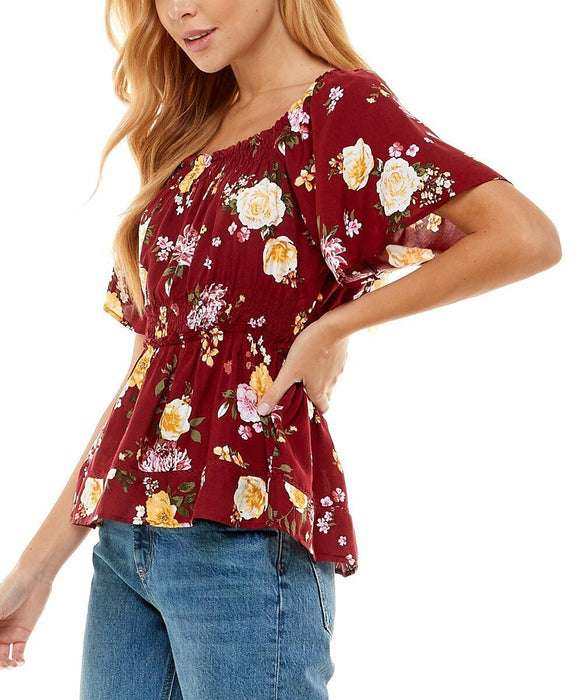 Derek Heart Peasant Top, Women's Size Small, Burgundy Floral Off Shoulder