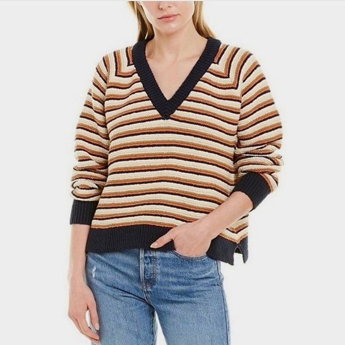 Madewell Arden V-Neck Crop Pullover Sweater in Stripe Multicolor Size L New $88