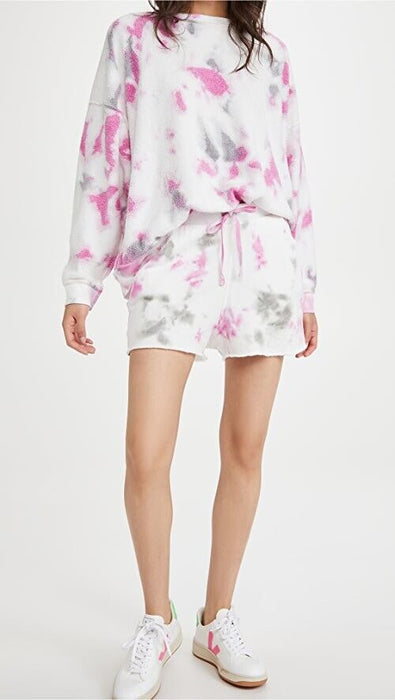 Free People Kelly Washed Sweatshirt And Shorts Set In Tie Dye Pink Size L