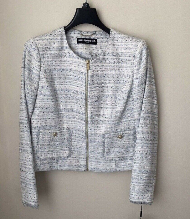 Karl Lagerfeld Paris Women's Tweed Fringe Suit Jacket Blazer In Blue Size 12