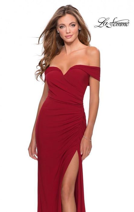 La Femme Off The Shoulder Jersey Dress Ruched Gown In Red Size 6 $358