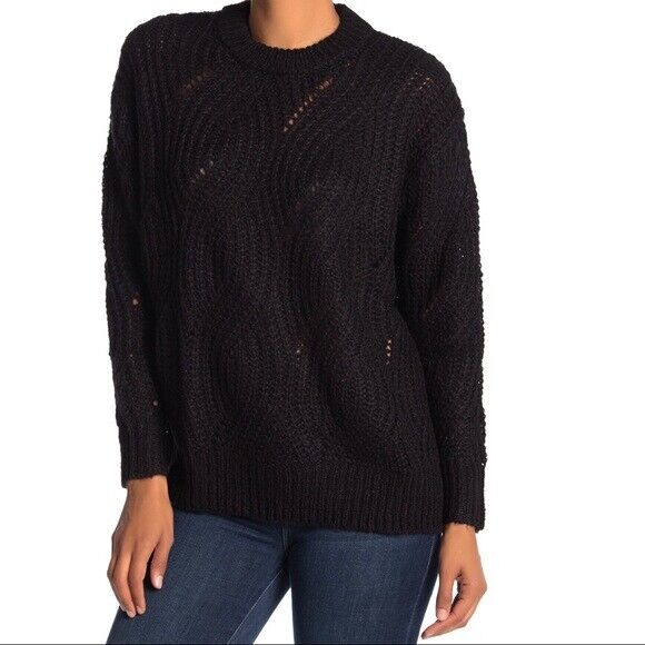RXB Women's Acrylic Long Sleeve Cable Knit Pullover Sweater In Black Size S