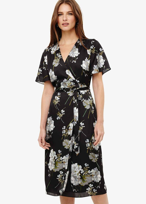 Phase Eight Tasha Wrap Satin Belted Dress In Black Floral US 12 / UK 16 $240