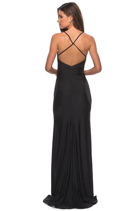 La Femme Cross Back Satin Jersey Trumpet Gown  28206 Black Size 6 $239